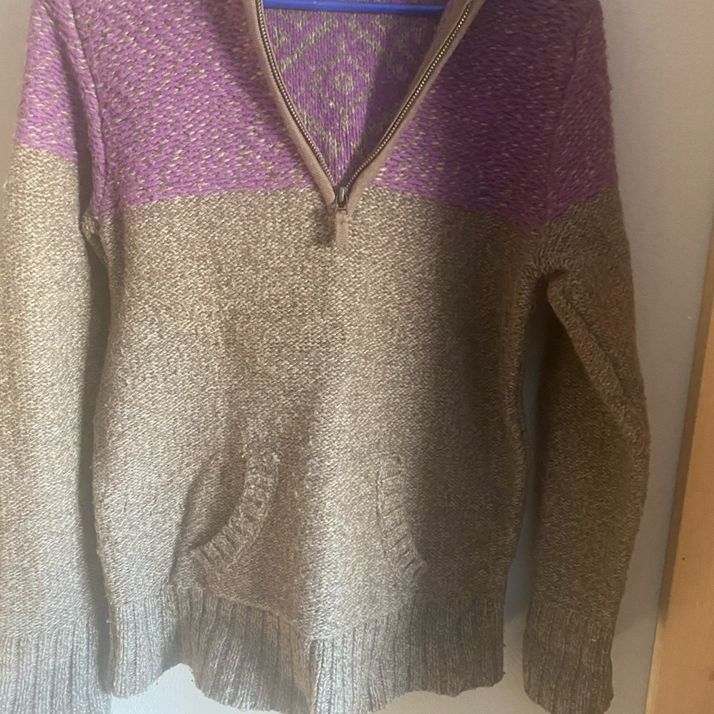 Guide Series Wool Nylon Hooded 1/2 Zip Kangaroo Pullover Sweater Brown Purple L